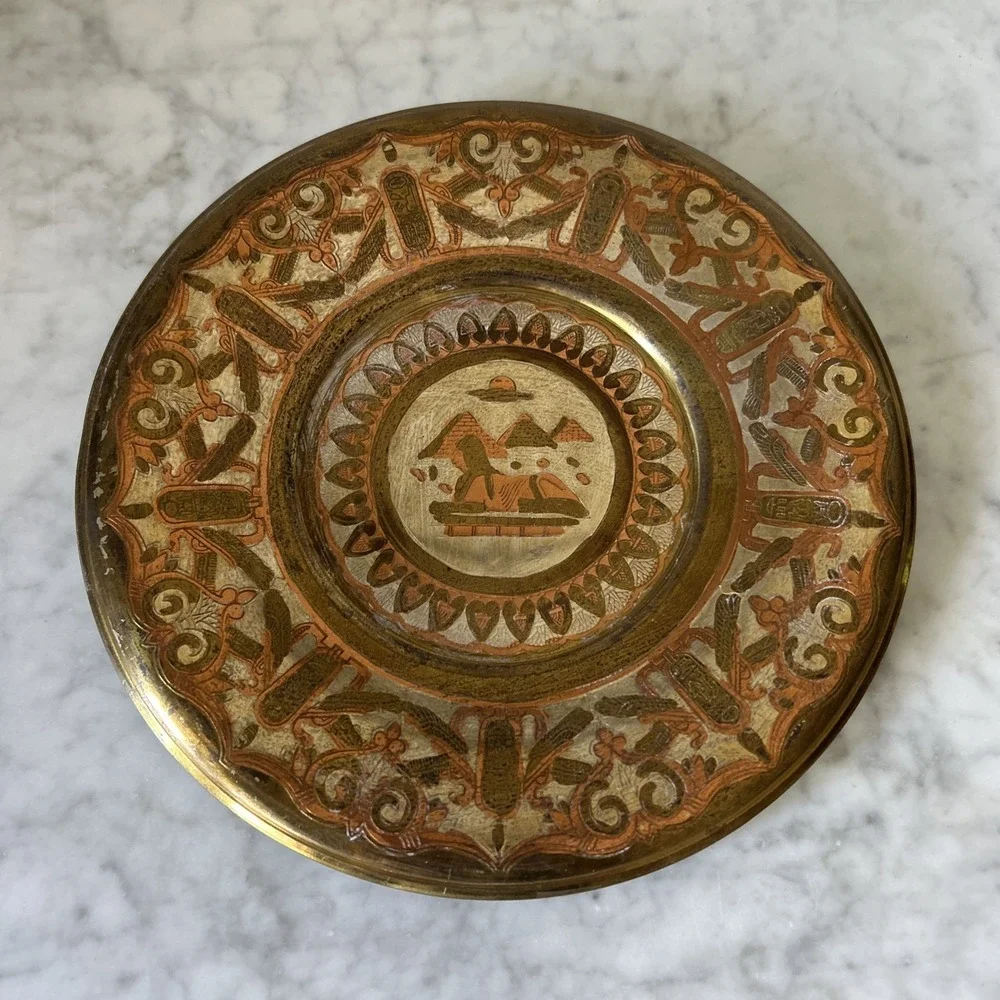 EGYPT SPHINX PYRAMIDS COPPER TIN ENGRAVED PLATE, Gallery Wall Plate Display 7.5